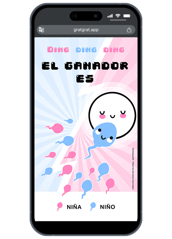 ¡Tenemos un ganador! Es un niño. Anuncia la noticia de forma original desde tu móvil. Pantalla de smartphone mostrando el resultado "Niño" en la tarjeta rasca de revelación de género en español.