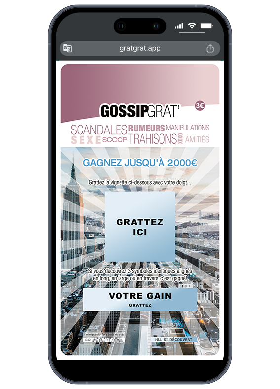 Smartphone affichant la carte à gratter numérique GossipGrat' avec un paysage urbain et une zone "Grattez ici" sur un jeu de morpion.
