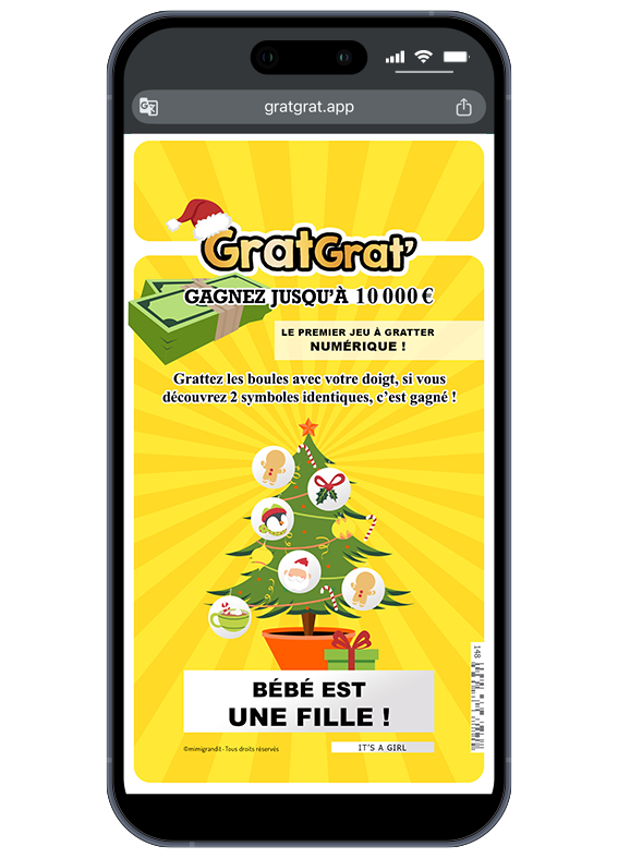 Et voilà le plus beau cadeau de l'année ! 🎁 Interface de révélation genre bébé sur smartphone avec le verdict "Bébé est une fille !" ambiance festive.