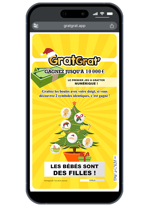 Et voilà le plus beau cadeau de l'année ! 🎁 Annonce grossesse Noël pour jumeaux montrant le résultat "Les bébés sont des filles !" sur carte numérique.