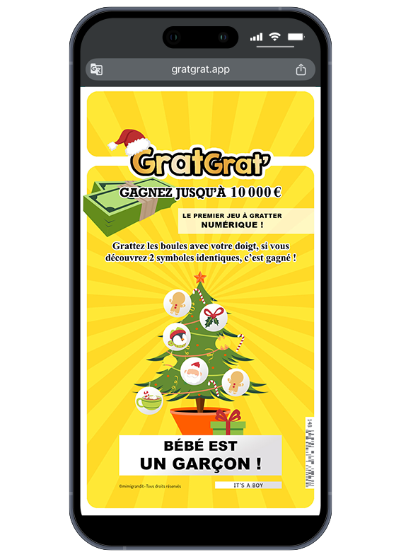 Et voilà le plus beau cadeau de l'année ! 🎁 Résultat du jeu à gratter virtuel de Noël révélant le texte "Bébé est un garçon !" sous le sapin.