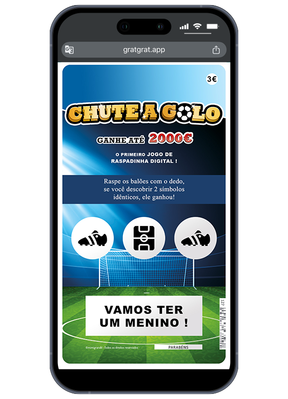 O novo craque da família está a chegar! Anuncie que é um menino com este jogo de raspagem virtual. Ecrã de smartphone com anúncio de sexo do bebé digital revelado: "Vamos ter um menino!" com fundo de estádio de futebol.