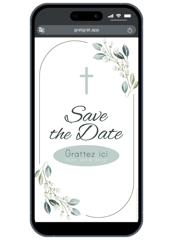 Invitation numérique à gratter pour baptême ou communion avec design floral élégant Save the date baptême à gratter virtuel avec croix chrétienne et feuillage floral