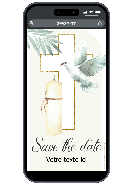 Interface de personnalisation de la carte d'annonce religieuse virtuelle. Carte annonce communion virtuelle personnalisable colombe aquarelle