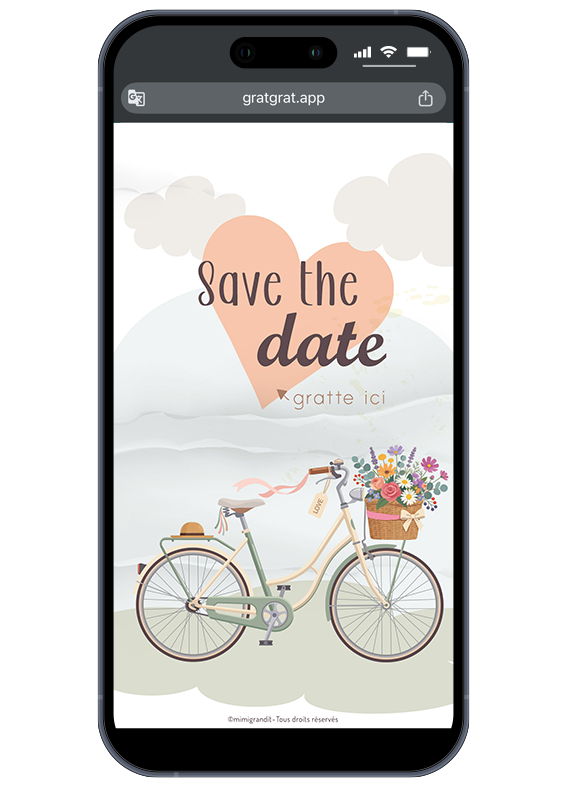 Save the date numérique mariage à gratter thème vélo champêtre et fleurs