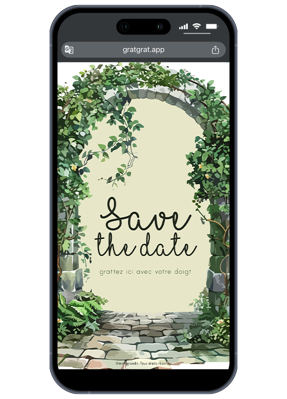 Save the date numérique mariage avec arche en pierre et plantes grimpantes, zone à gratter centrale.