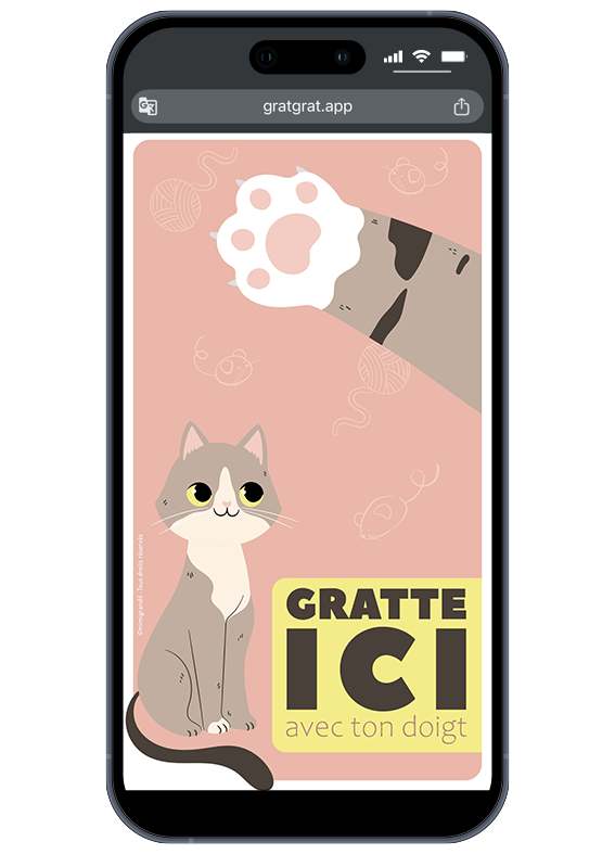 Invitation anniversaire chat virtuelle sur l'écran d'un smartphone avec un petit chat mignon et un encart jaune Gratte ici avec ton doigt.