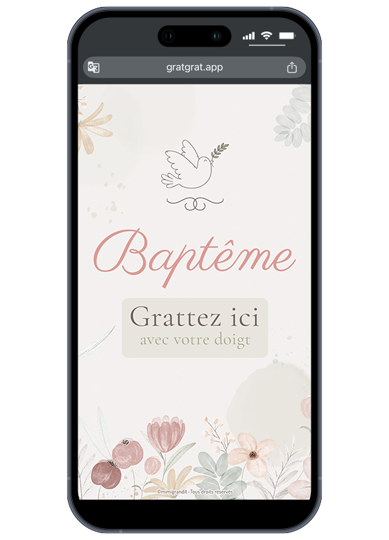 Invitation baptême virtuelle à gratter avec colombe blanche et fleurs aquarelle pastel