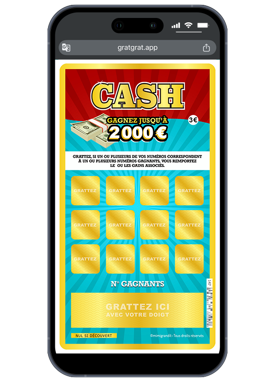 Smartphone affichant une carte virtuelle annonce grossesse de style ticket de loto Cash avec les cases de jeu dorées masquées.