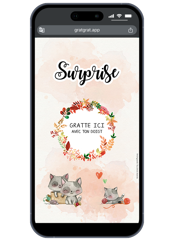Jeu sur smartphone avant grattage pour annonce grossesse carte à gratter numérique chats avec petits chatons mignons.