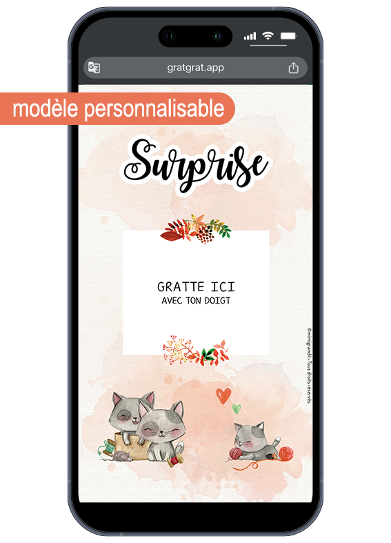 Le modèle personnalisable chatons avec sa pastille à gratter interactive. Version sur-mesure avant grattage de l'annonce grossesse carte à gratter numérique chats personnalisable.