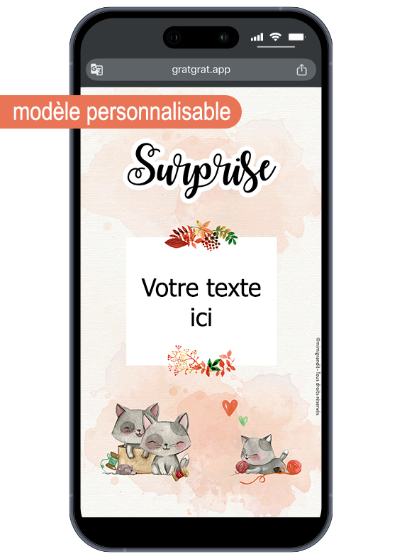Rédigez et configurez votre propre texte d'annonce après votre achat. Espace d'édition sur-mesure pour l'annonce grossesse carte à gratter numérique chats avec message personnalisé au choix.
