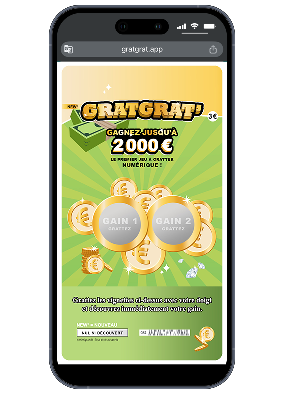 Aperçu du ticket de loto virtuel GratGrat avant le grattage sur téléphone. Jeu tactile pour smartphone annonce grossesse GratGrat avec pastille Grattez ici.