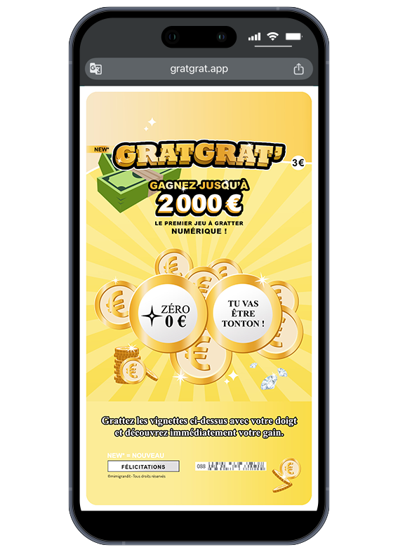Gagnez le gros loto de l'émotion avec le futur oncle Faux jeu à gratter numérique annonce grossesse GratGrat pour futur tonton sur fond jaune.
