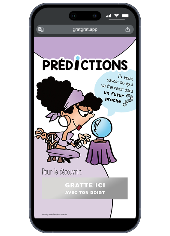 Écran de téléphone présentant une carte virtuelle annonce grossesse originale sur le thème de la voyance avant grattage avec une pastille argentée.