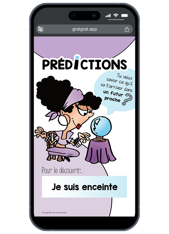 La prédiction de la voyante révélée : « Je suis enceinte ». Téléphone portable affichant le résultat d'une carte virtuelle grossesse originale modèle voyante avec le message dévoilé Je suis enceinte.