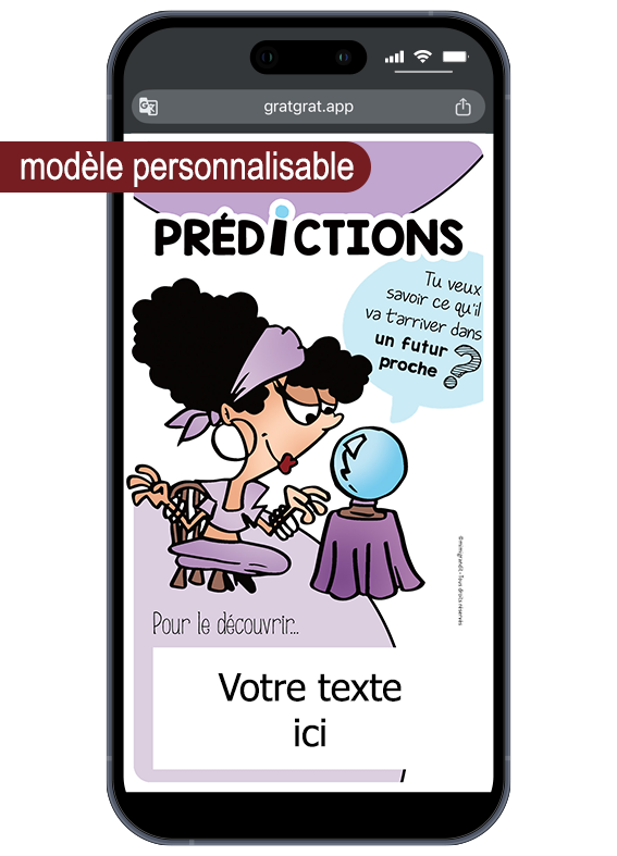Créez votre propre texte sur-mesure sur le thème de la voyance. Aperçu modifiable d'une carte virtuelle grossesse originale gamme Prédictions avec zone vierge inférieure Votre texte ici.