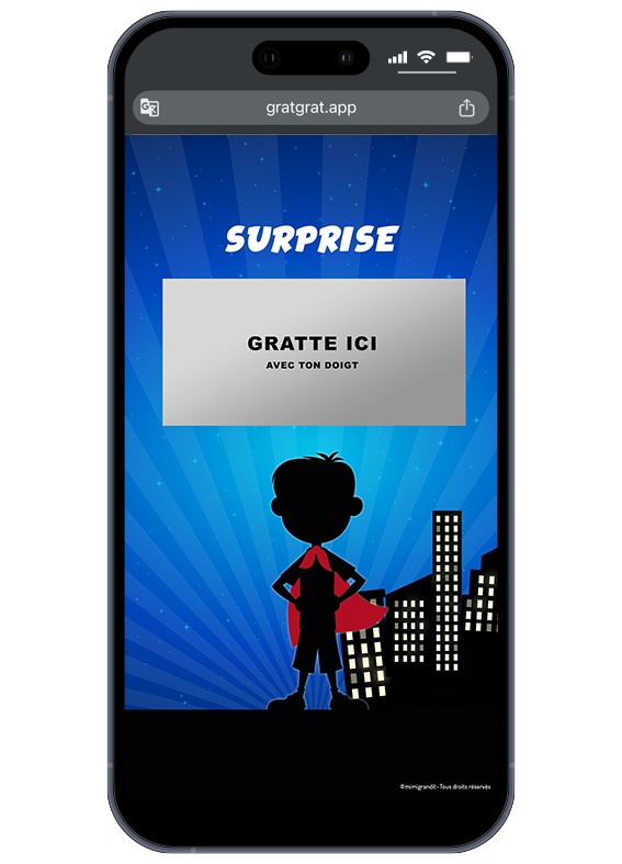 Écran de téléphone présentant une annonce grand frère numérique avant grattage avec zone grise gratte ici avec ton doigt.
