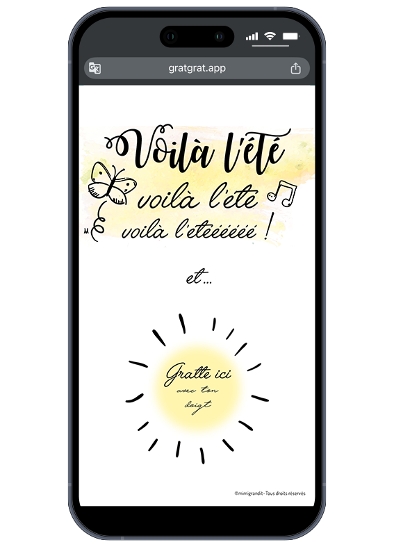Écran de téléphone présentant une annonce grossesse été numérique avant grattage avec une zone jaune soleil portant la mention Gratte ici avec ton doigt.
