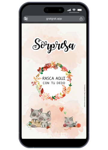 Smartphone affichant une carte à gratter virtuelle annonce grossesse espagnol numérique collection chats pastille rasca aquí.