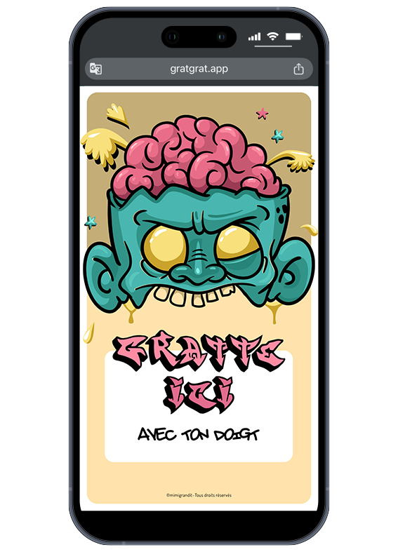 Aperçu de l'encart de grattage numérique style tag urbain sous le personnage zombie. Invitation anniversaire zombie virtuelle affichée sur un smartphone avec un monstre graffiti et une zone blanche à gratter portant l'inscription Gratte ici avec ton doigt.