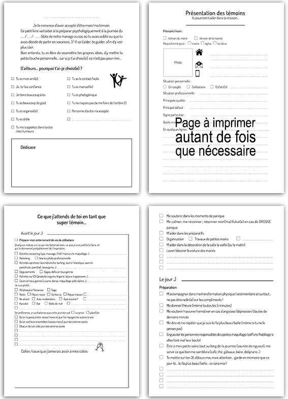 Aperçu des questionnaires ludiques et de la page de présentation des témoins. Questionnaire humoristique et fiche présentation témoin dans le livret mariage à imprimer.