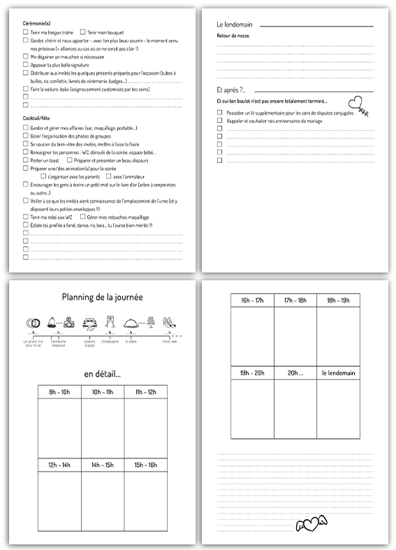 Planning chronologique et fiche de missions pour l'organisation du jour J. Grille planning de la journée de mariage et rôles des témoins à compléter.