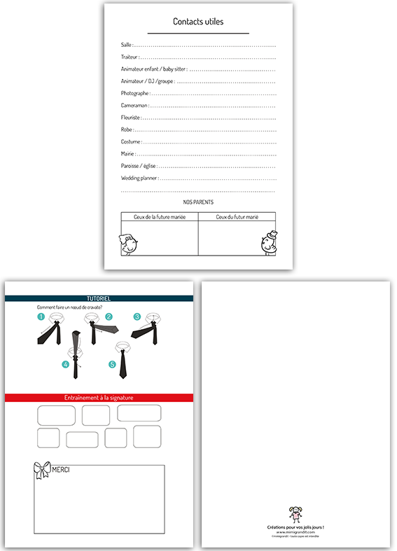 Les pages de fin du guide avec répertoire pratique et animations amusantes. Page des contacts utiles et tutoriel nœud de cravate dans le livret témoin à télécharger.