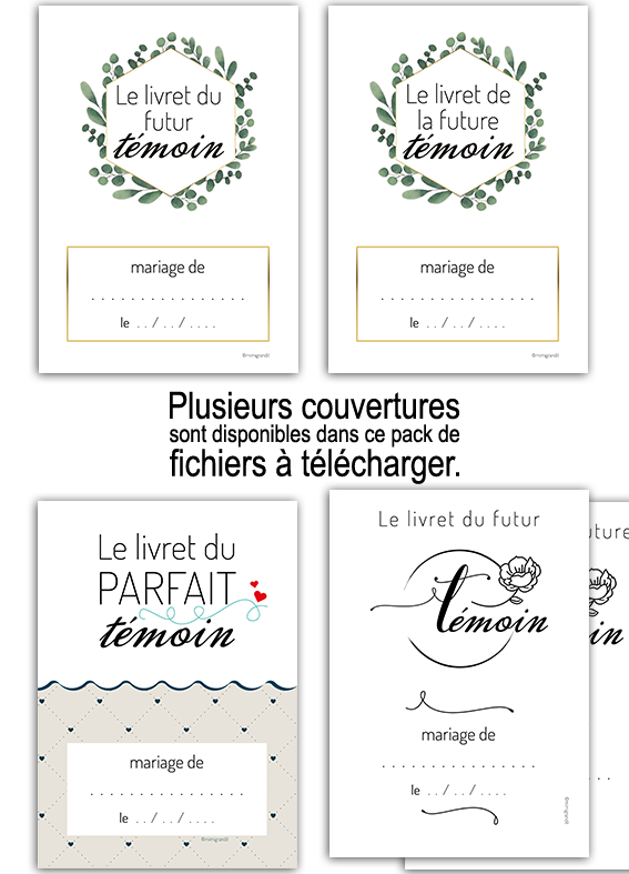Des designs de couvertures élégants et épurés inclus dans votre pack numérique. Différents modèles de couverture au style botanique et minimaliste pour livret témoin mariage PDF.