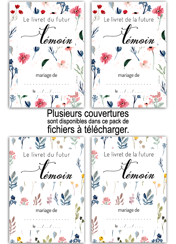 Habillez votre livret avec des motifs floraux et aquarelles colorées selon votre thème. Modèles de couvertures fleuries et champêtres pour le livret du futur témoin à imprimer.