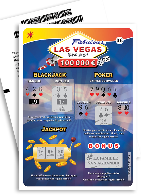 Ticket de jeu à gratter "Fabulous Las Vegas" pour annonce de grossesse originale. Recto d'une carte à gratter factice thématique Las Vegas de 3€, affichant un gain potentiel de 100 000€ et un message d'annonce de grossesse "La famille va s'agrandir" partiellement dévoilé.